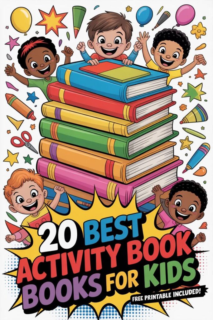 20 best activity books for kids cover with cartoon illustration and free printable PDF 2026