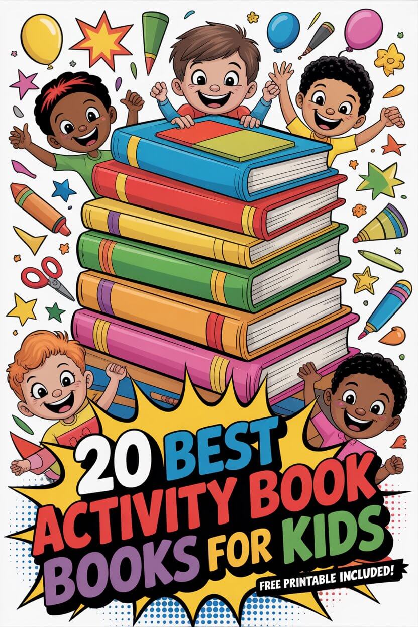 20 best activity books for kids cover with cartoon illustration and free printable PDF 2026