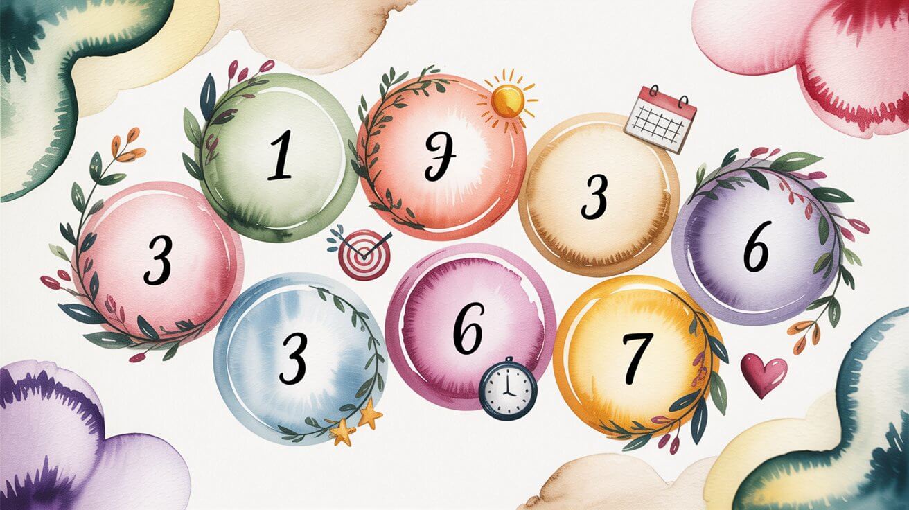 7 steps weekly planning process visualization with watercolor circles and botanical elements
