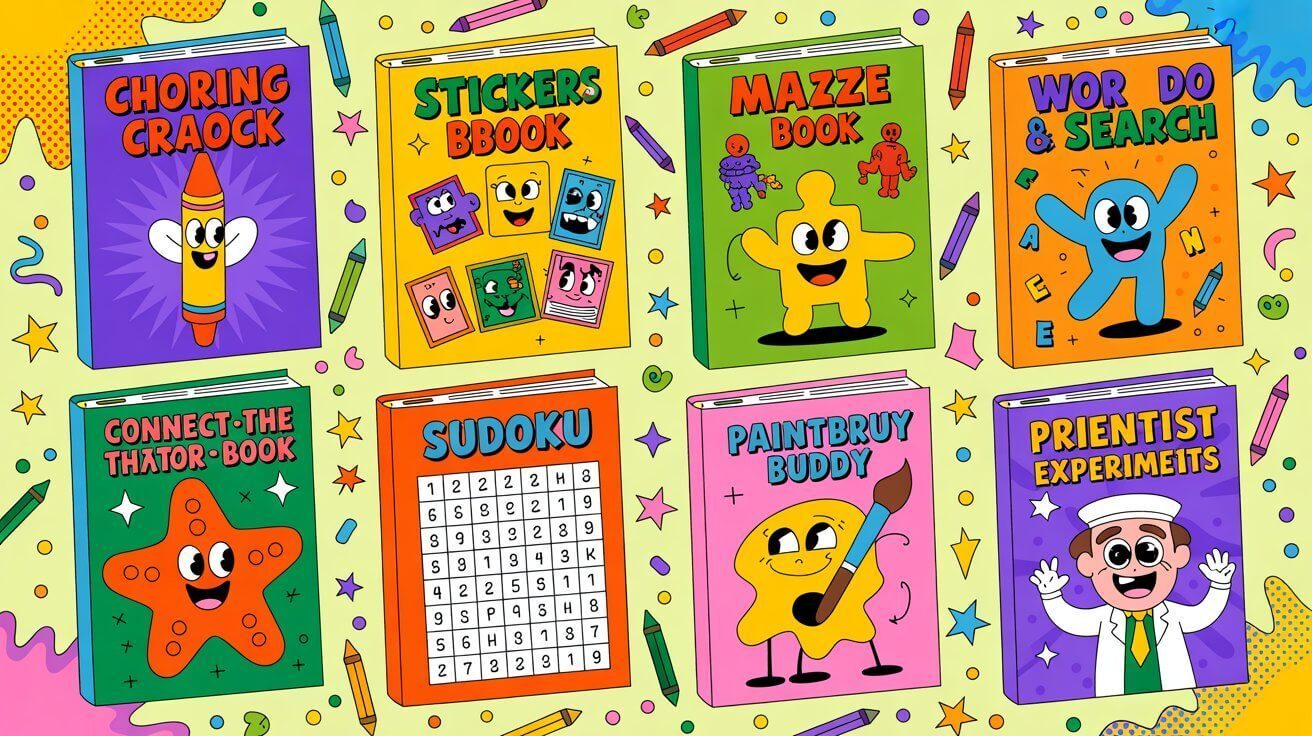 Collection of activity books for kids including coloring puzzle maze and educational books cartoon illustration