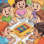 Happy children coloring printable pages together at home