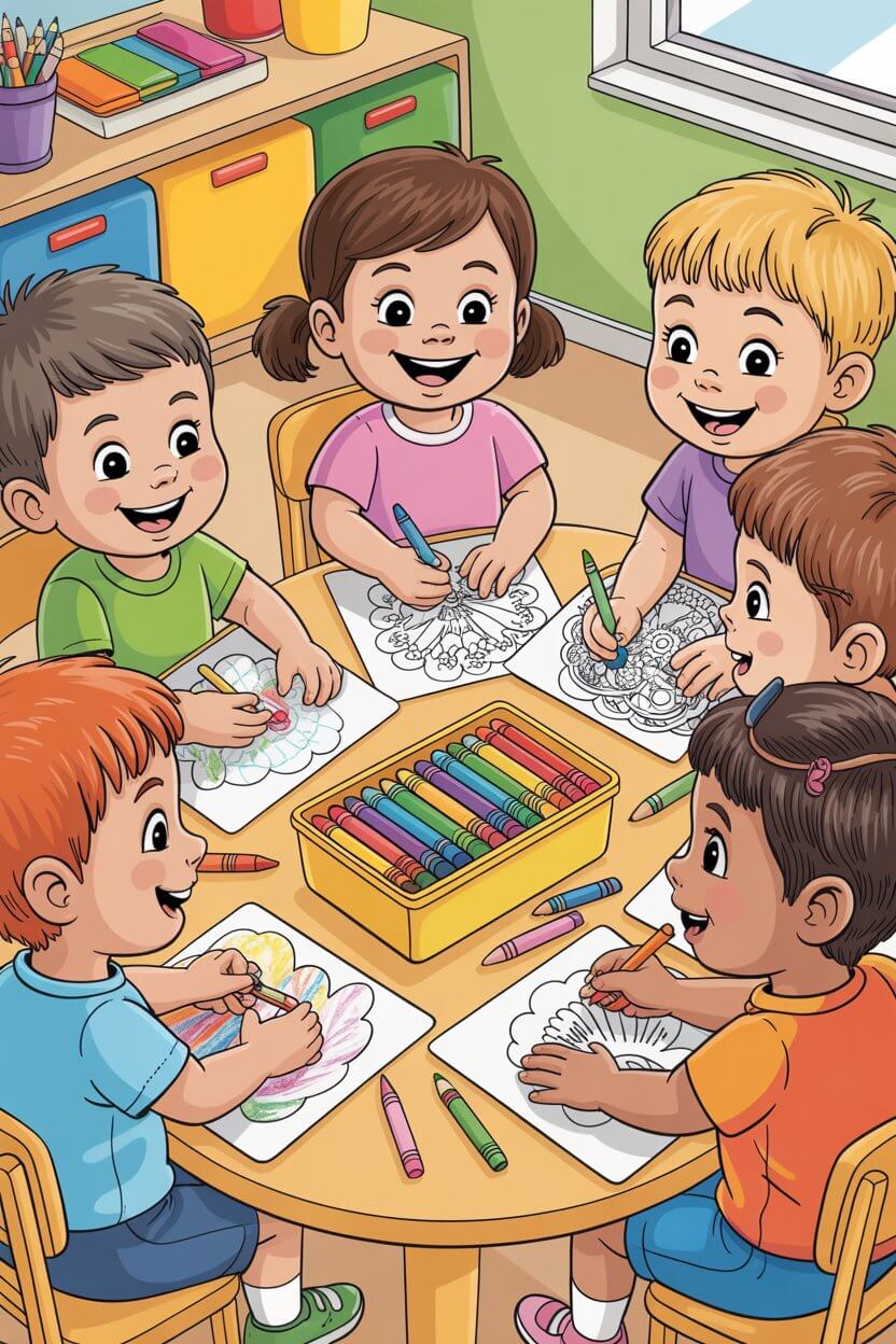 Happy children coloring printable pages together at home