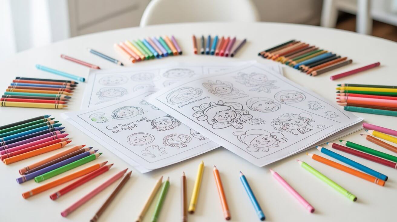 Flat lay of printable coloring pages with crayons and colored pencils for kids