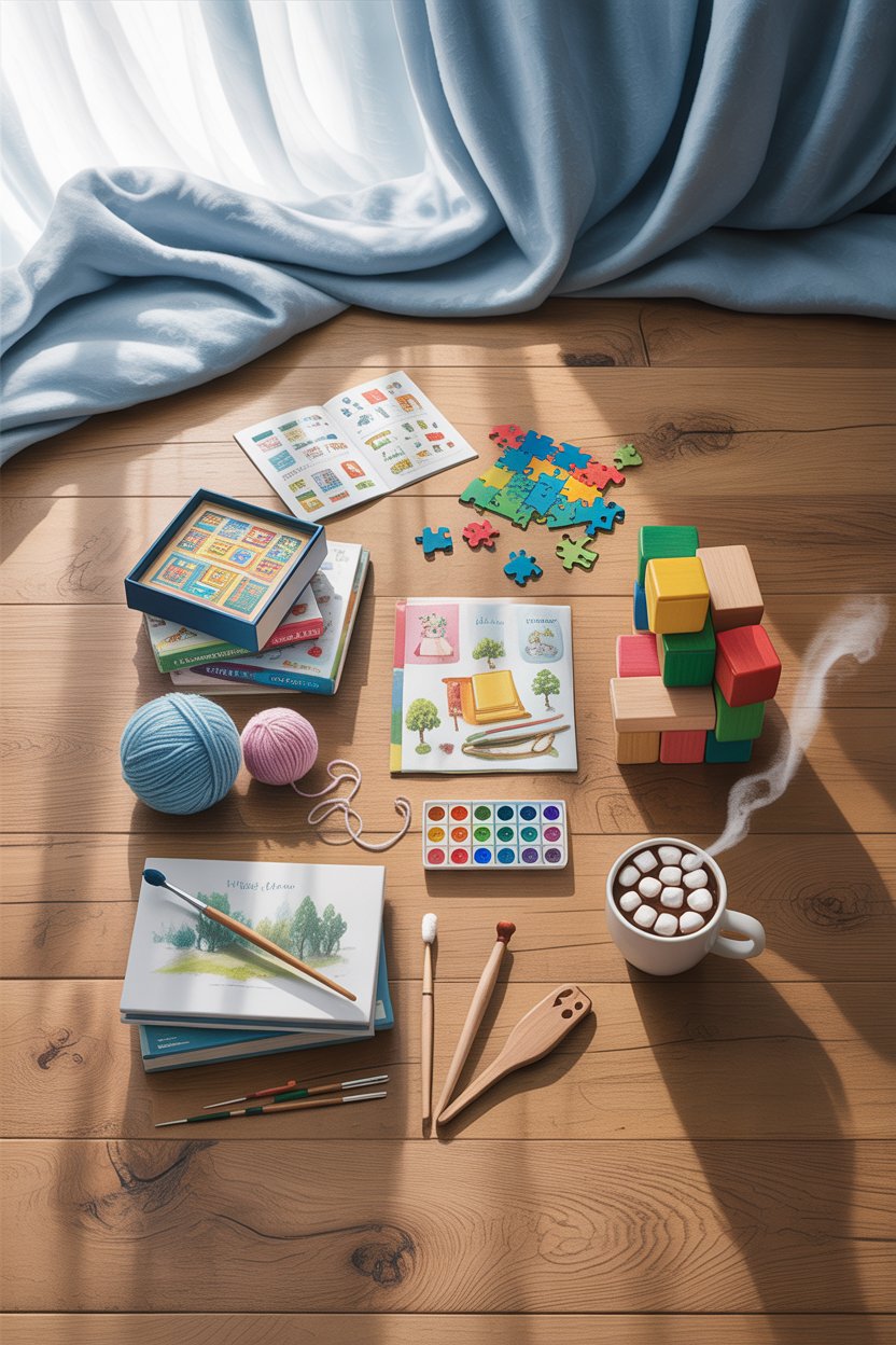 Indoor activities for kids on rainy days - board games, puzzles, books and craft supplies flat lay