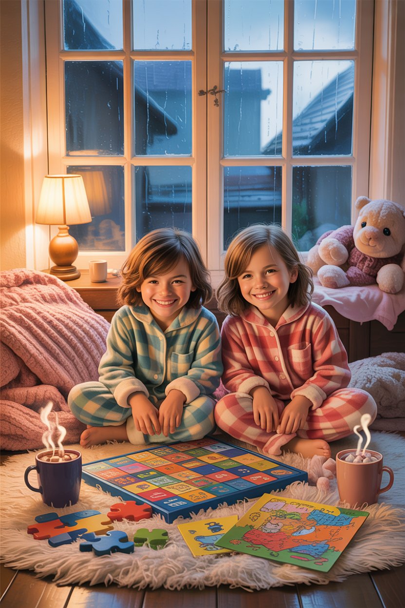 Indoor activities for kids on rainy days - children playing by window with games and books