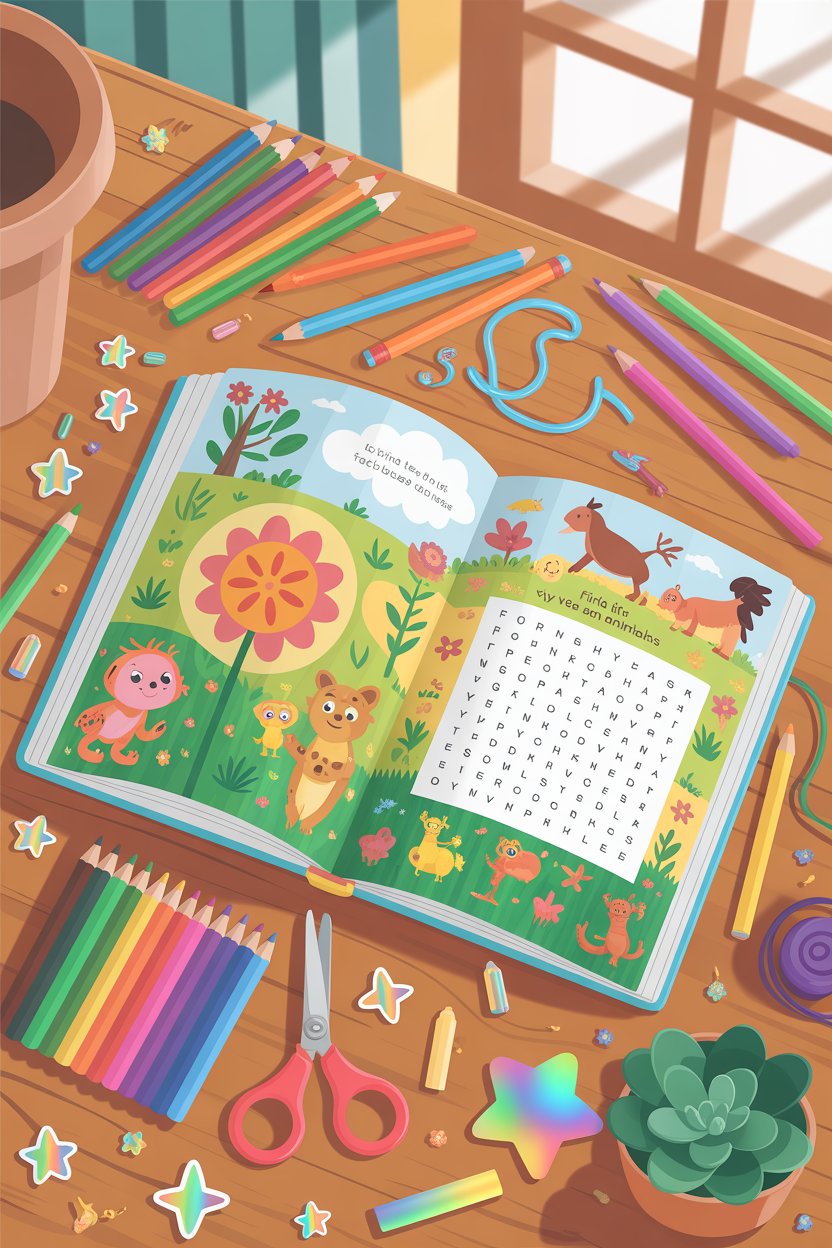 Boredom busters for kids - colorful activity book with crayons and coloring pages on wooden desk