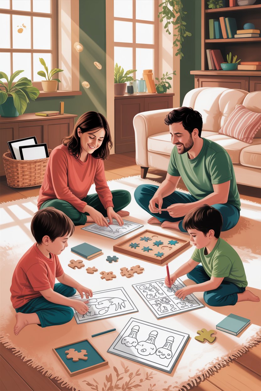 Reduce screen time for kids - happy family doing offline activities together at home