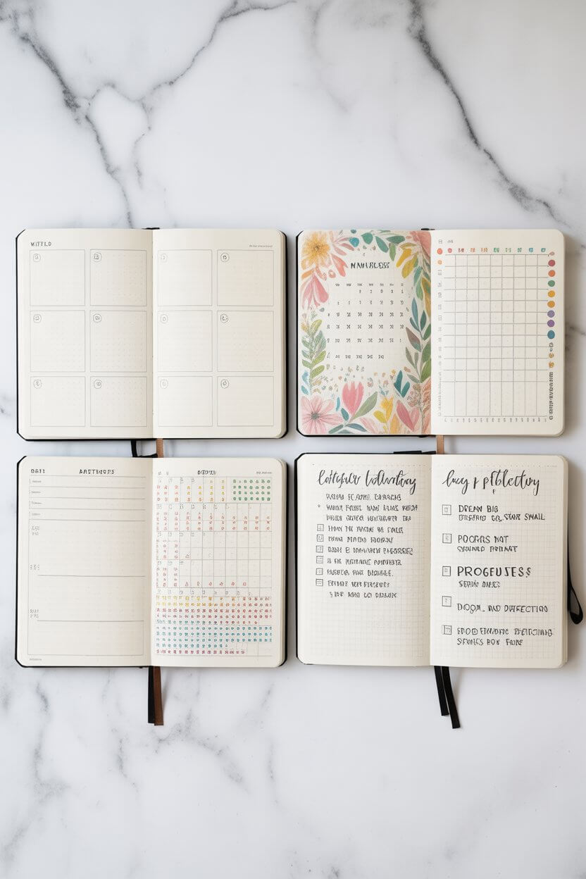 Bullet journal layouts for beginners - 4 creative spreads showing weekly planners, monthly calendars, and habit trackers