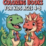Best Dinosaur Coloring Books for Kids Ages 4-8 - T-Rex and Triceratops holding crayons