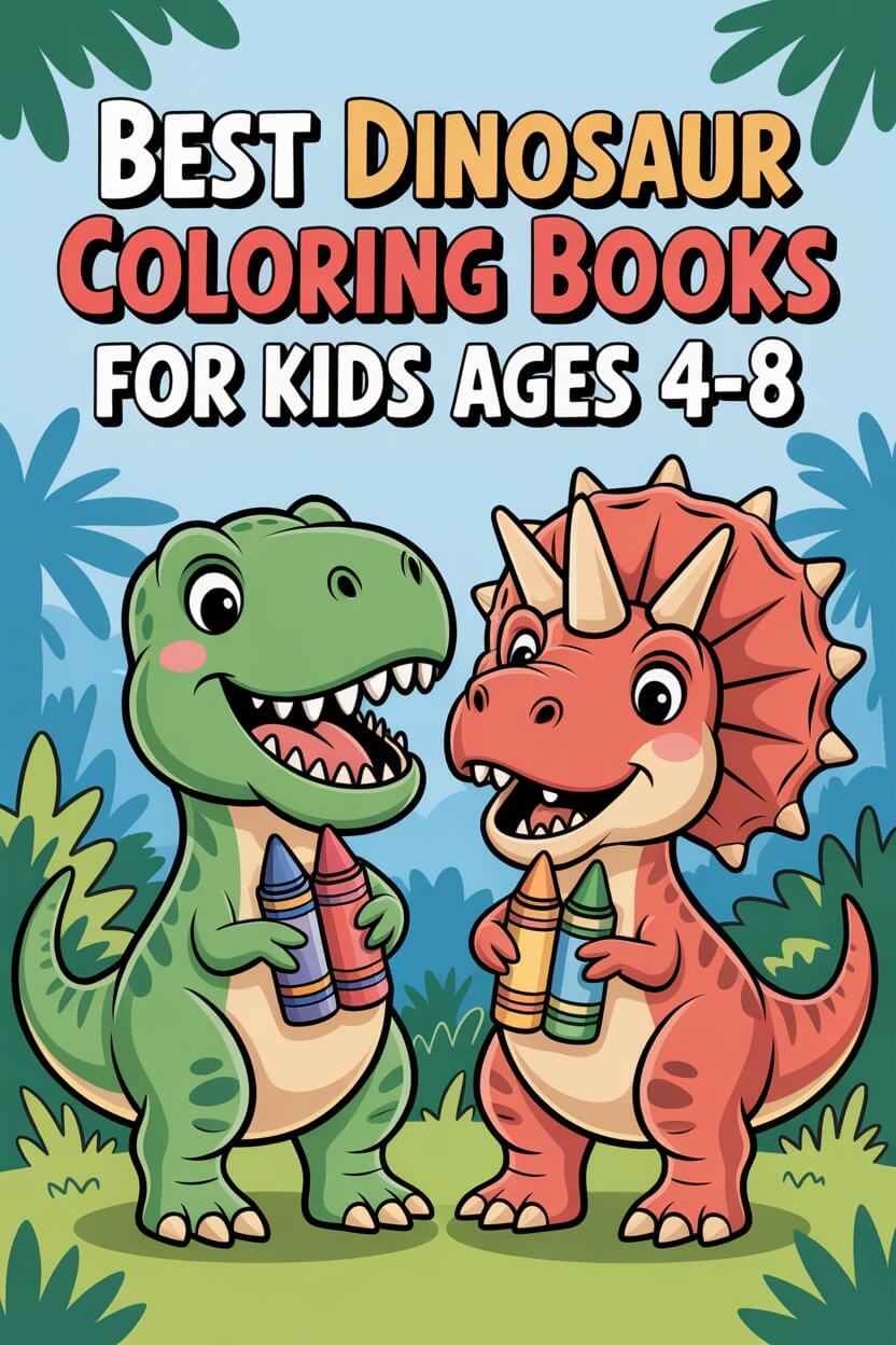 Best Dinosaur Coloring Books for Kids Ages 4-8 - T-Rex and Triceratops holding crayons