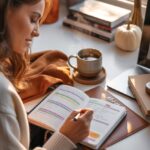 Bullet journal layouts for beginners - young woman writing in colorful bullet journal with cozy autumn vibes