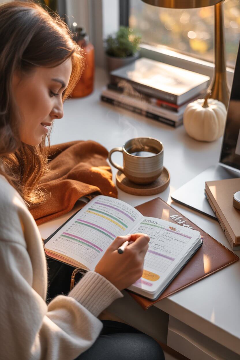 Bullet journal layouts for beginners - young woman writing in colorful bullet journal with cozy autumn vibes