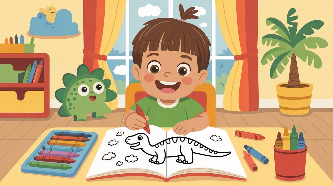 Best dinosaur coloring books for kids ages 4-8 - happy child coloring dinosaur with crayons