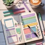Beautiful flat lay of an open dot grid notebook with bullet journal spread, colorful pens, succulent plant, and coffee on white desk
