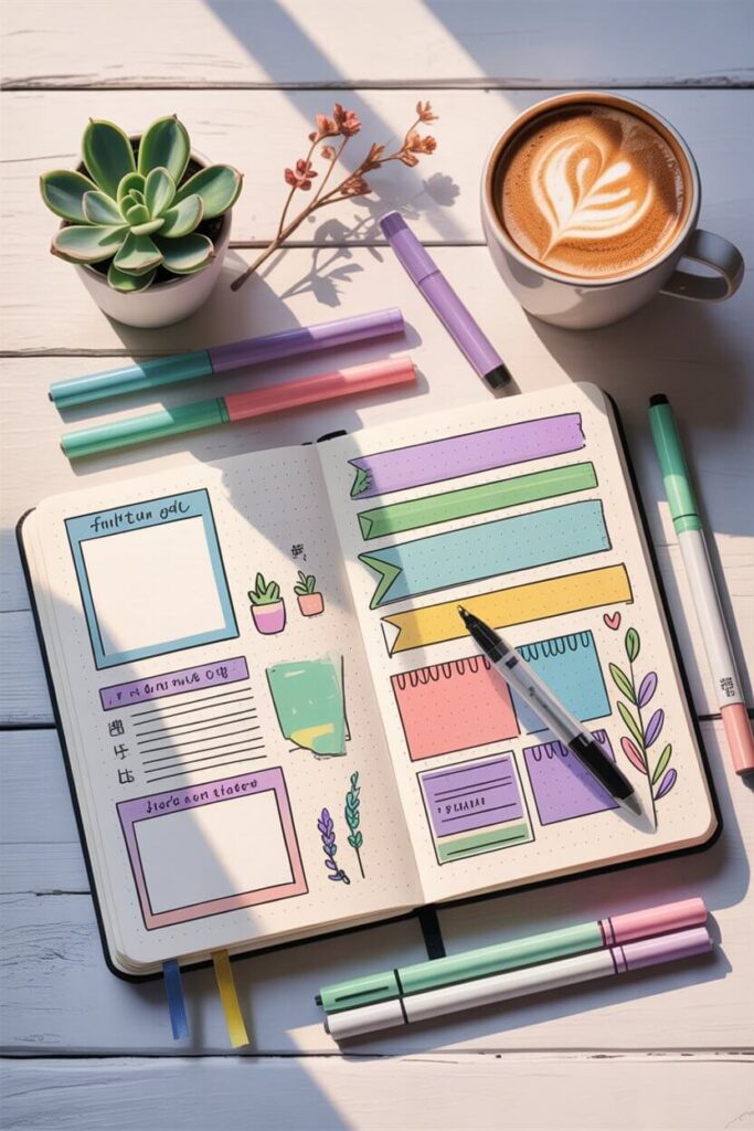 Beautiful flat lay of an open dot grid notebook with bullet journal spread, colorful pens, succulent plant, and coffee on white desk