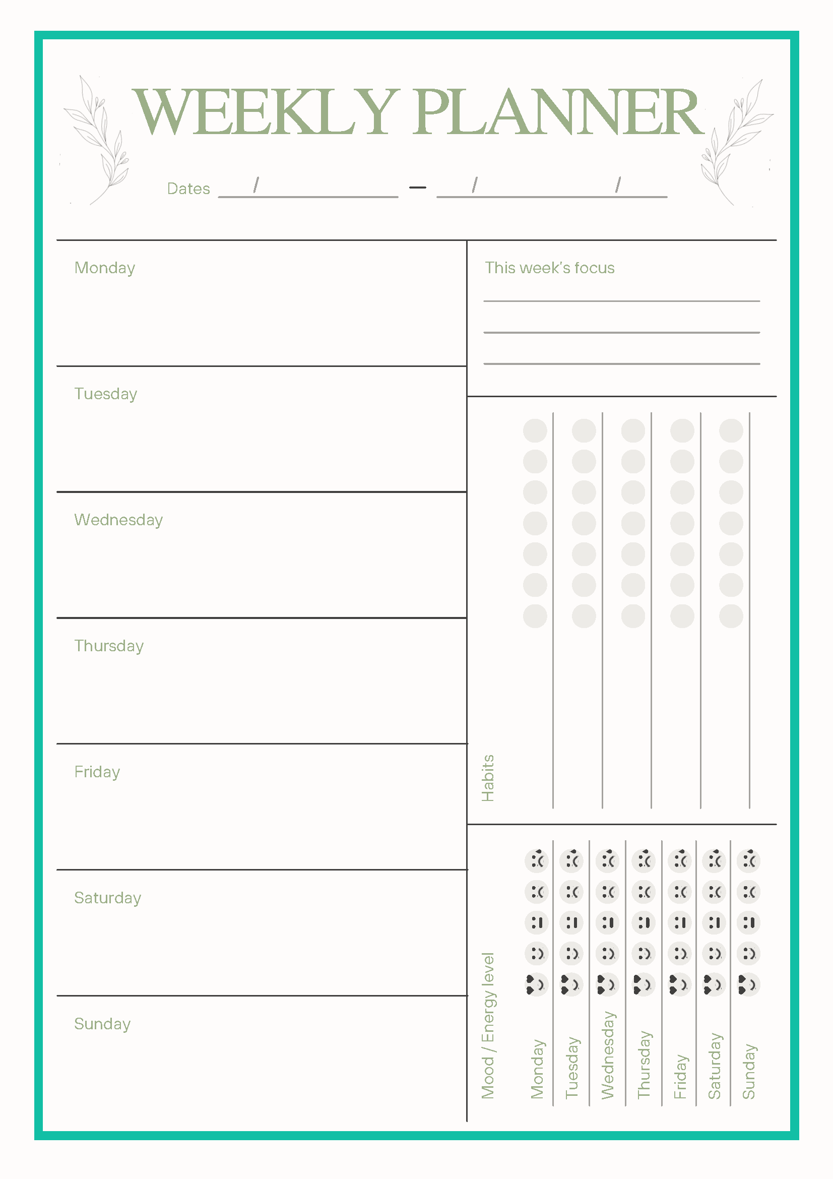 Free weekly planner printable inner page with habit tracker mood tracker and top 3 priorities sage green design
