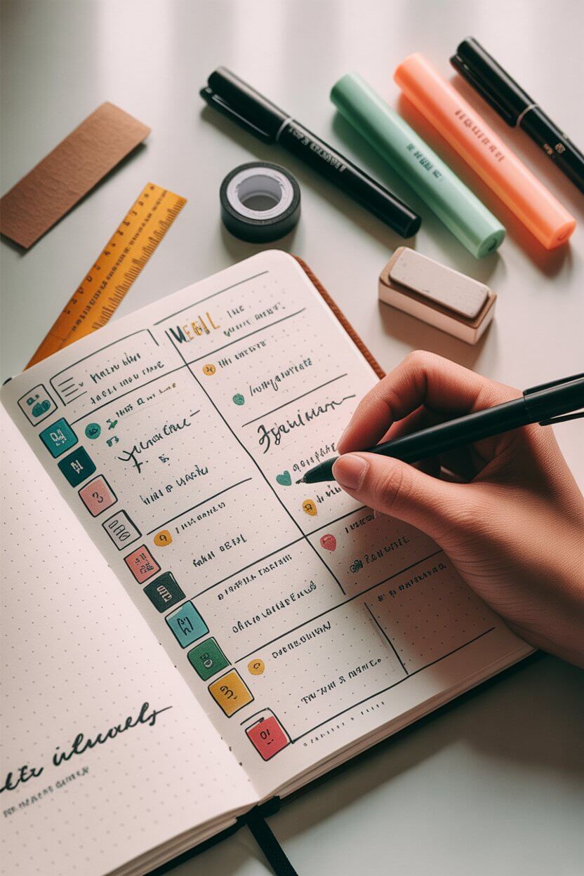 How to use a dot grid notebook - hands creating a weekly bullet journal spread with colorful pens