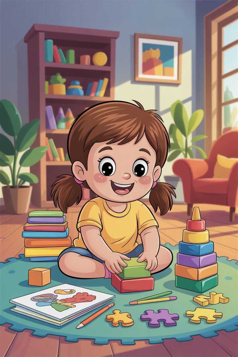 Indoor activities for 4 year olds - happy child playing with blocks and crafts