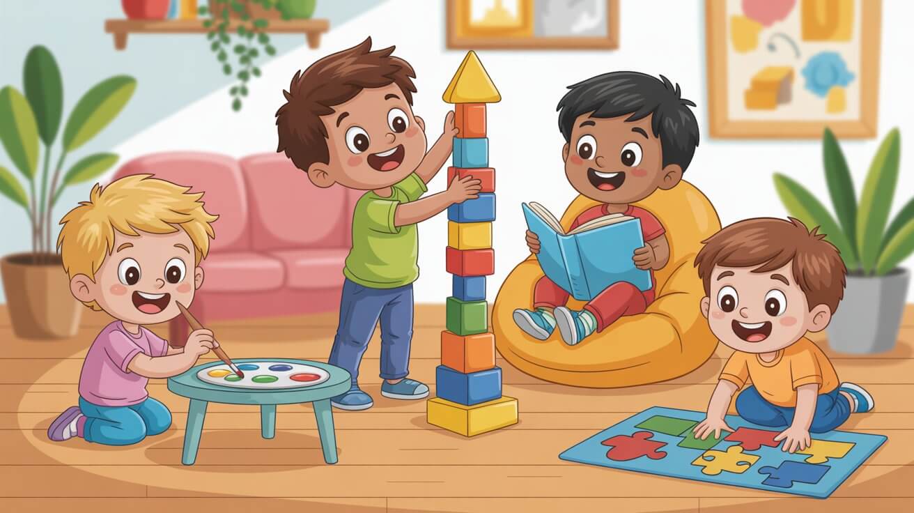 Children enjoying screen free activities at home including arts crafts and educational games