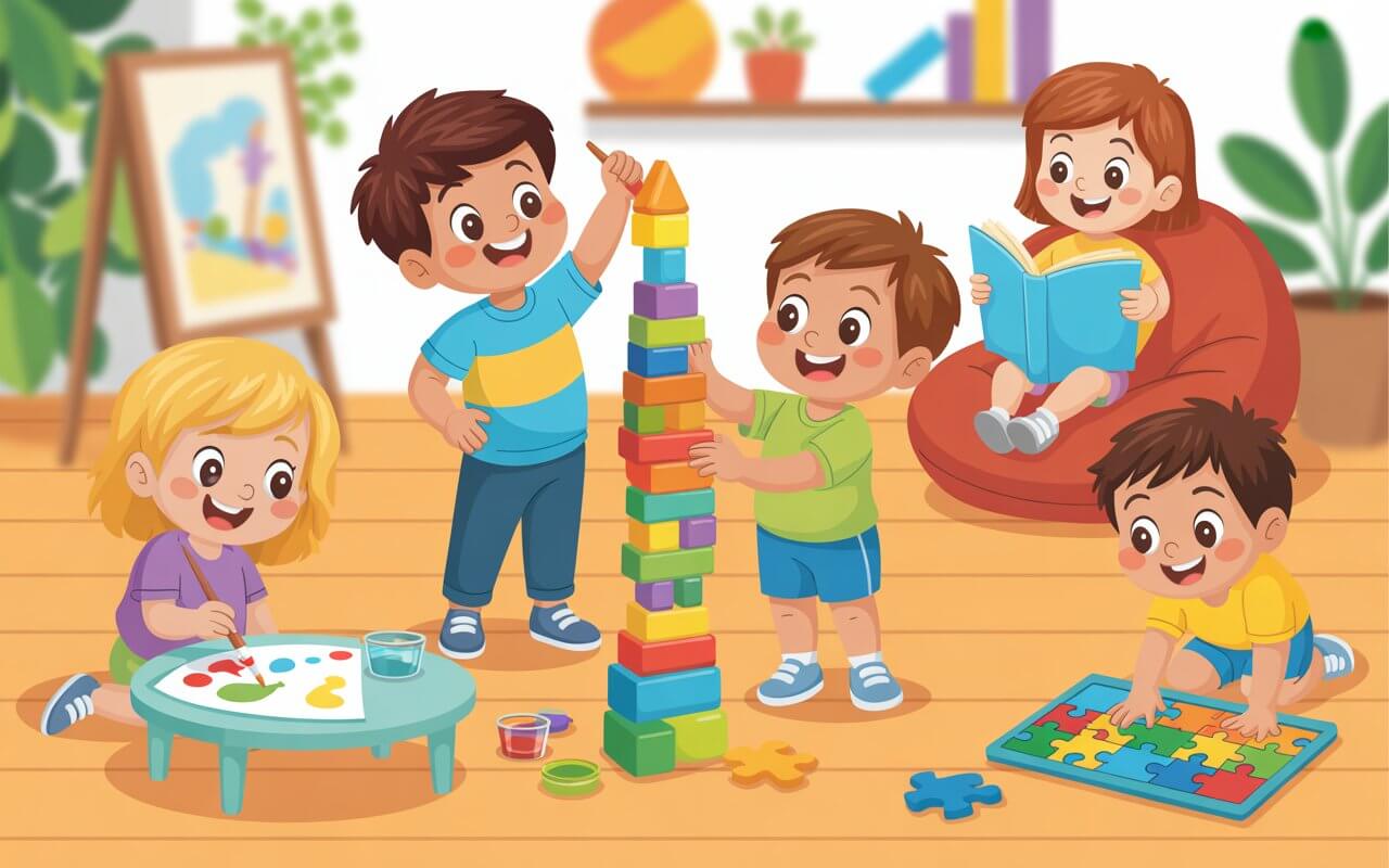 Screen free indoor activities for 4 year olds including coloring puzzles and building blocks