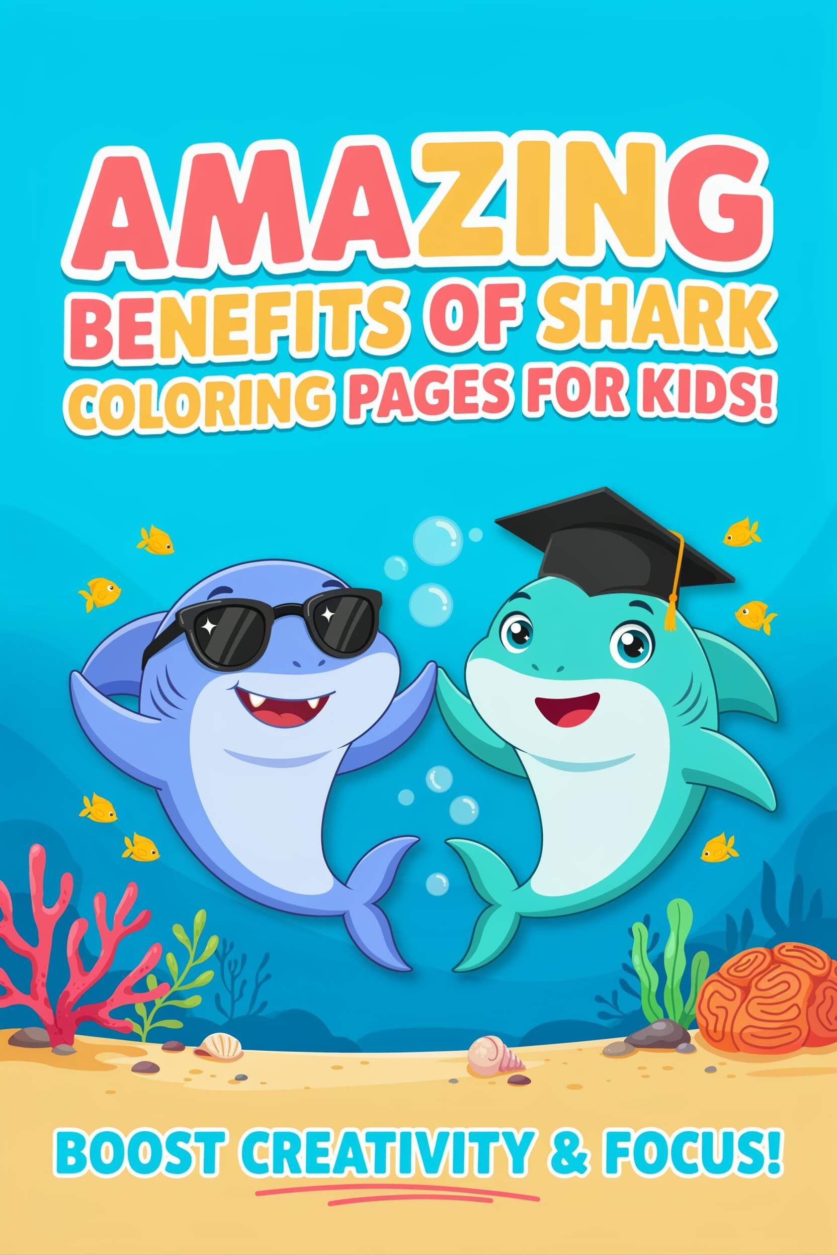 amazing benefits of shark coloring pages for kids - two cute sharks with sunglasses and graduation cap