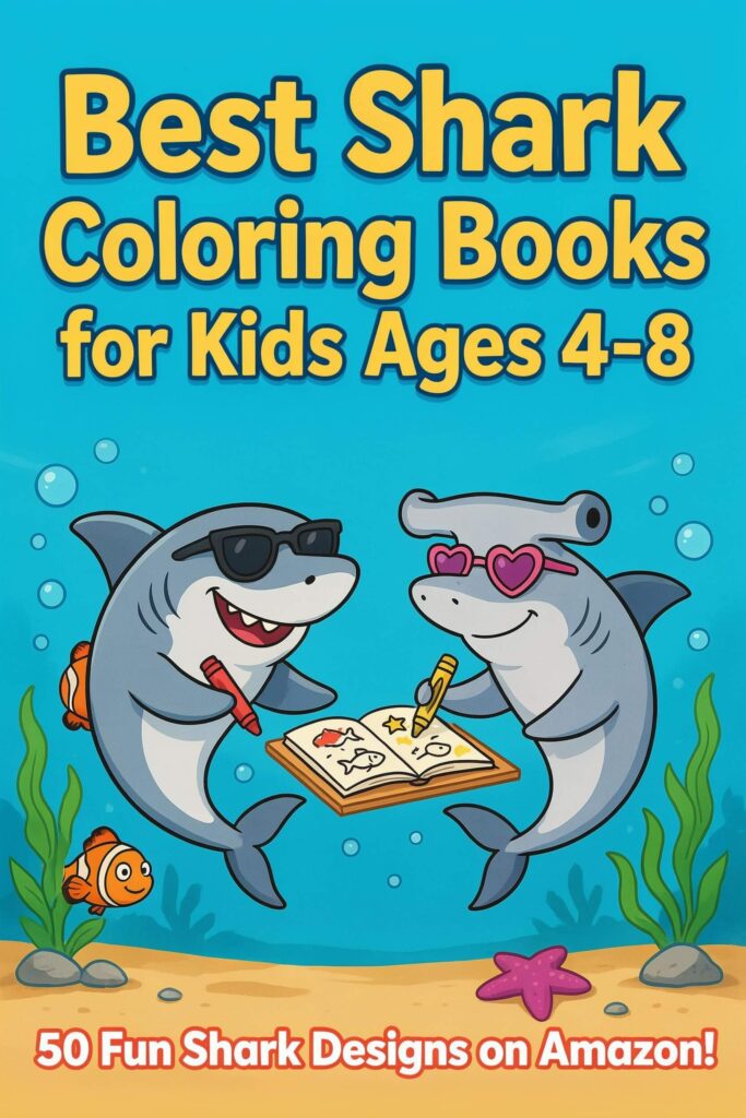 best shark coloring books for kids ages 4-8 - two cute sharks holding crayons