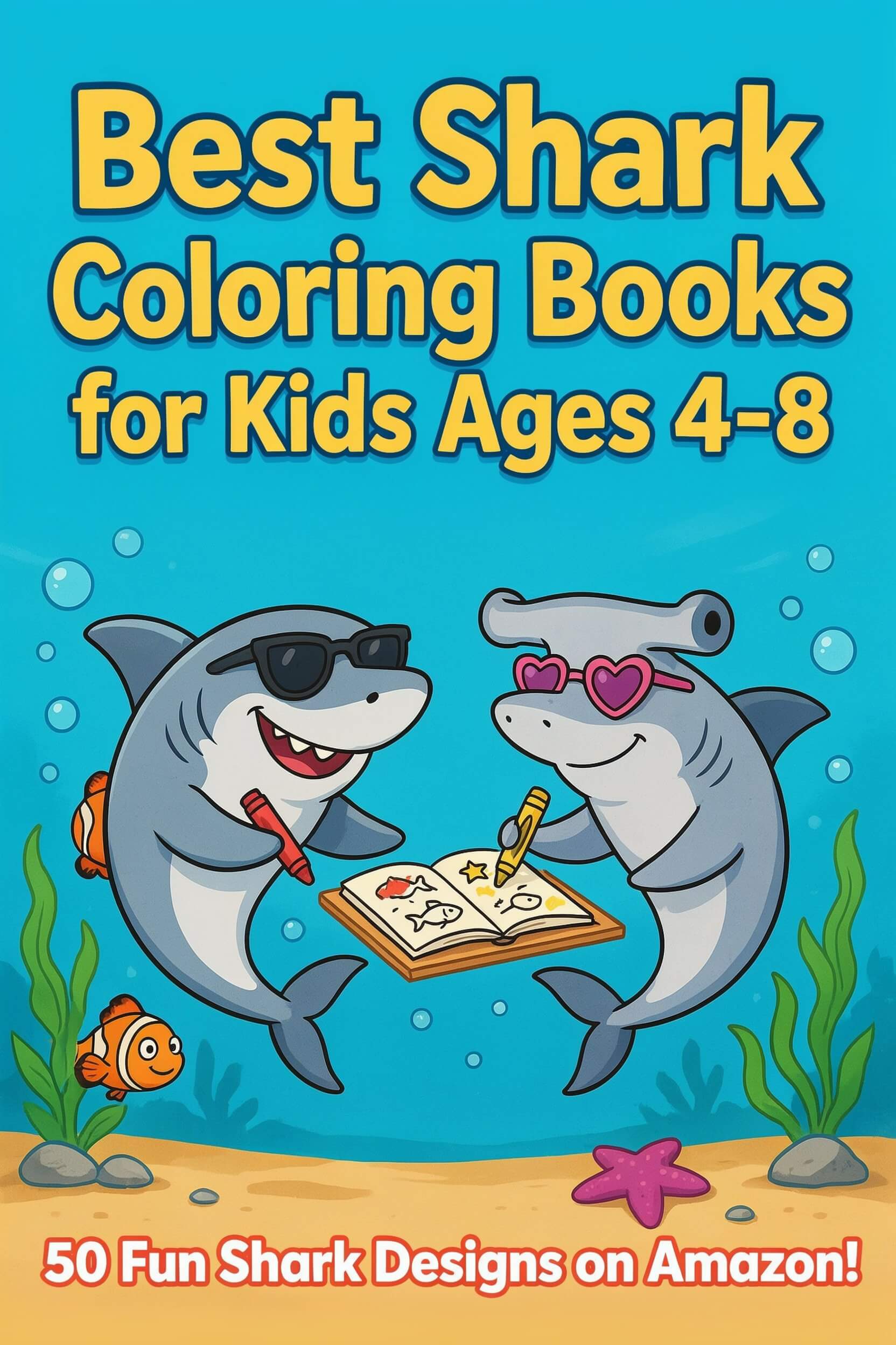 best shark coloring books for kids ages 4-8 - two cute sharks holding crayons