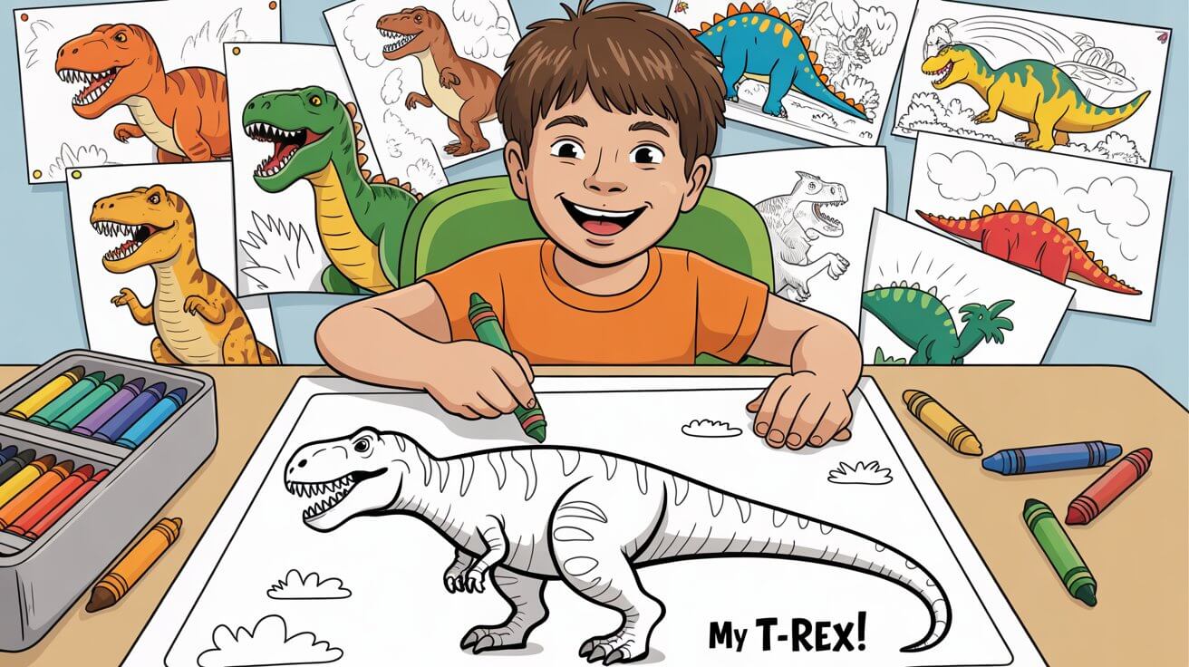 t-rex coloring pages for kids - boy coloring T-Rex dinosaur at home