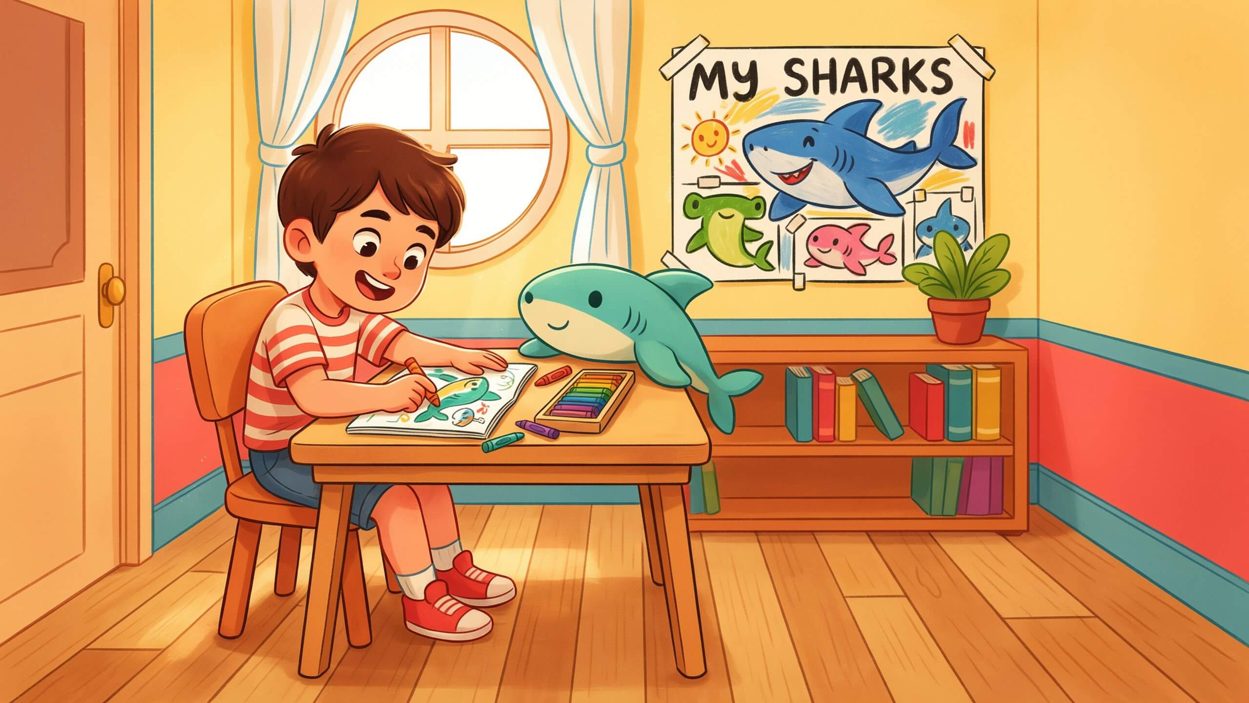 best shark coloring books for kids ages 4-8 - happy child coloring shark page at home