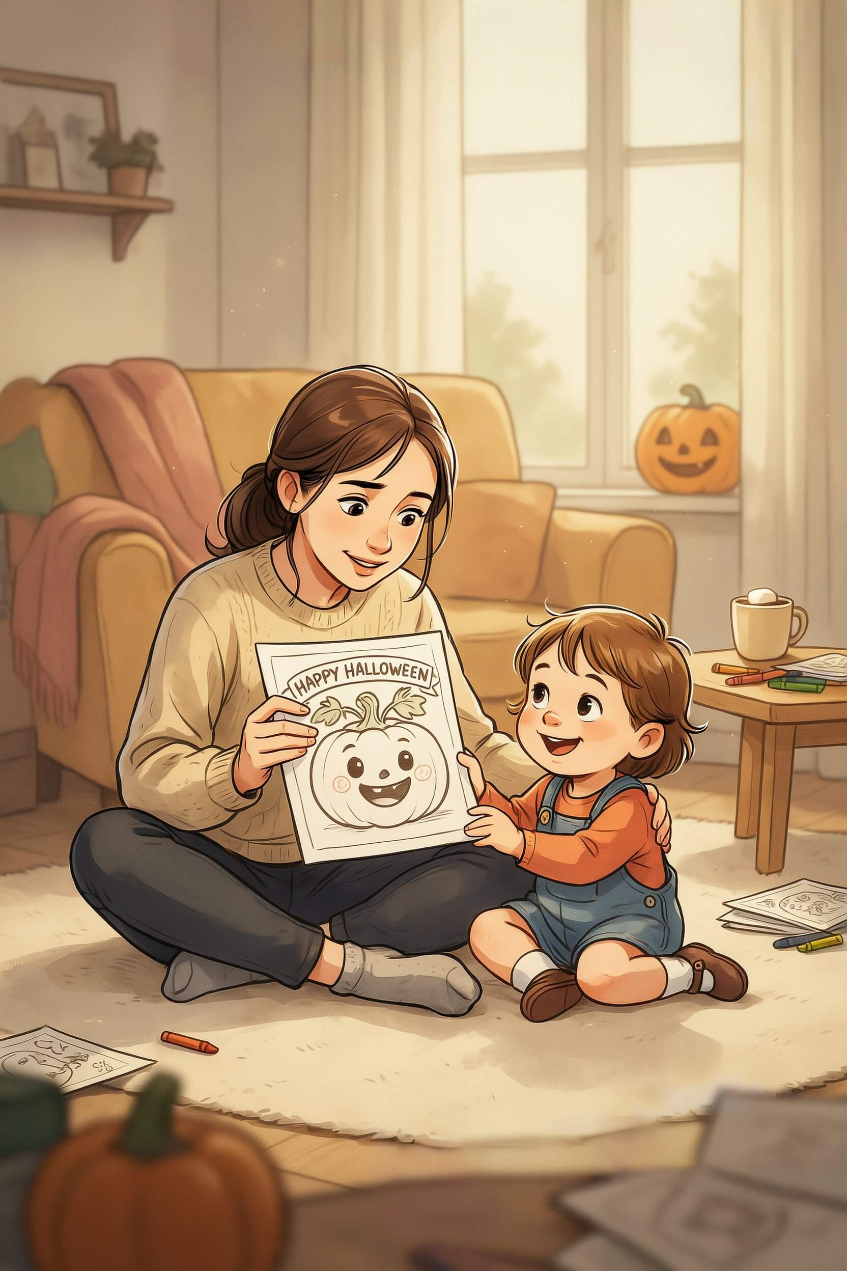 cute not scary halloween coloring pages for kids - mom relieved showing pumpkin design to toddler