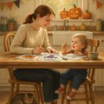 free halloween coloring pages for toddlers - mom and son with printed pages