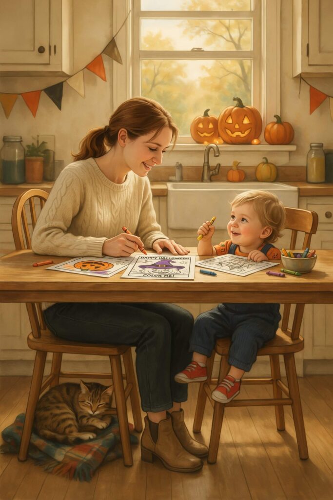 free halloween coloring pages for toddlers - mom and son with printed pages