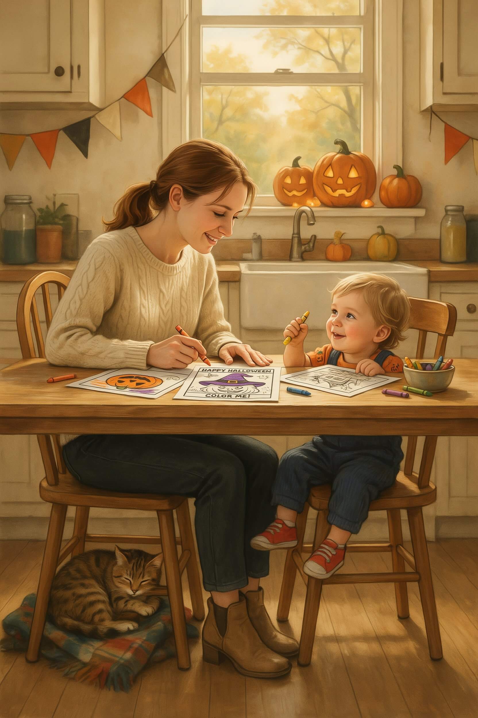 free halloween coloring pages for toddlers - mom and son with printed pages