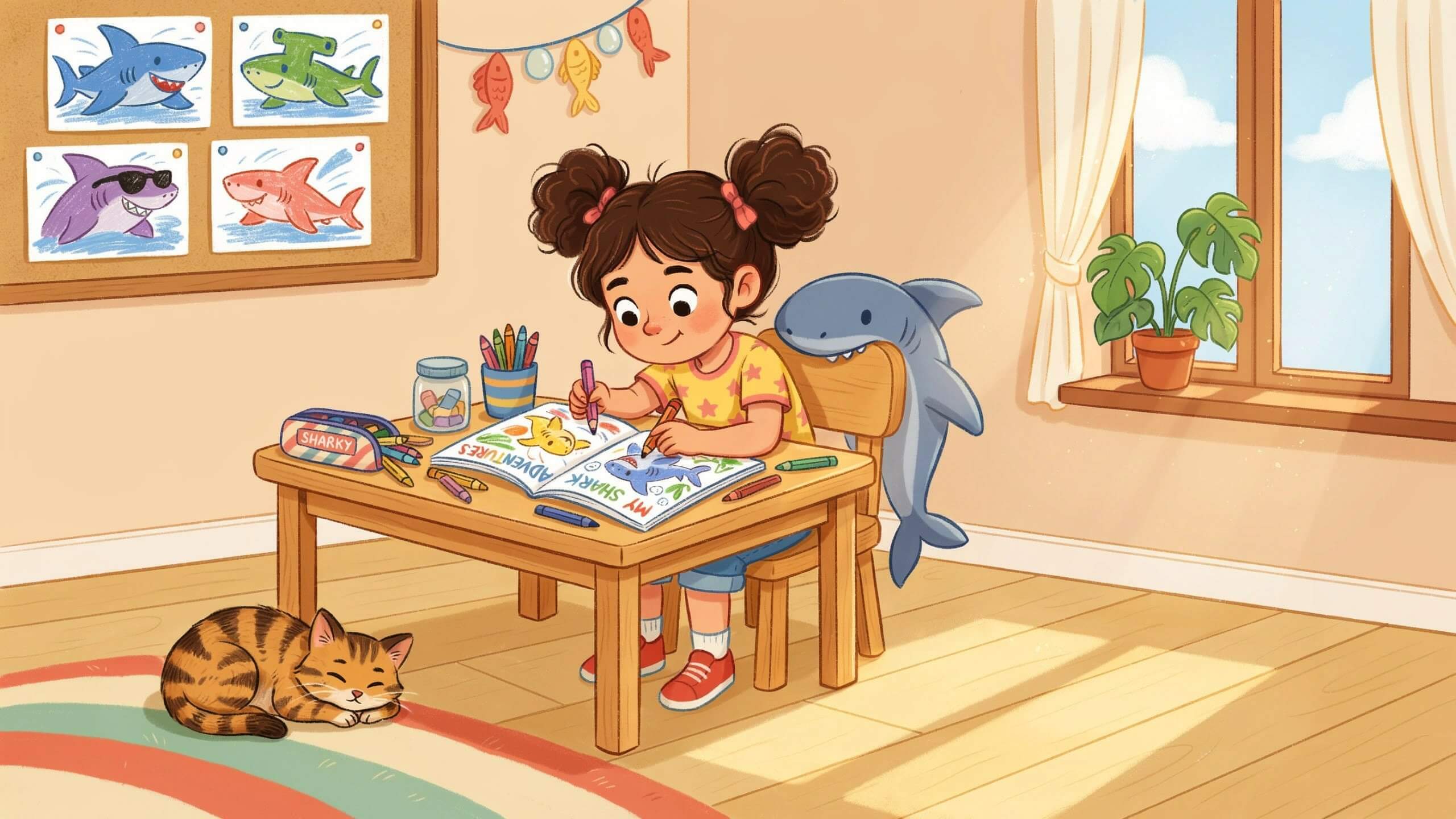 benefits of shark coloring pages for kids - girl focused on coloring shark page