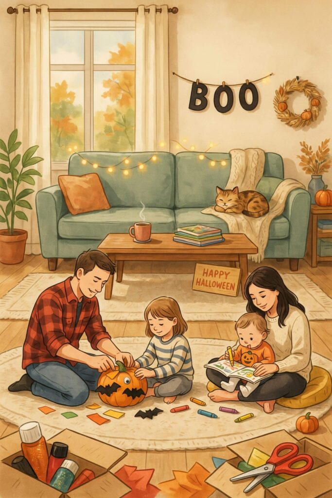 halloween activities for toddlers at home - family doing crafts together