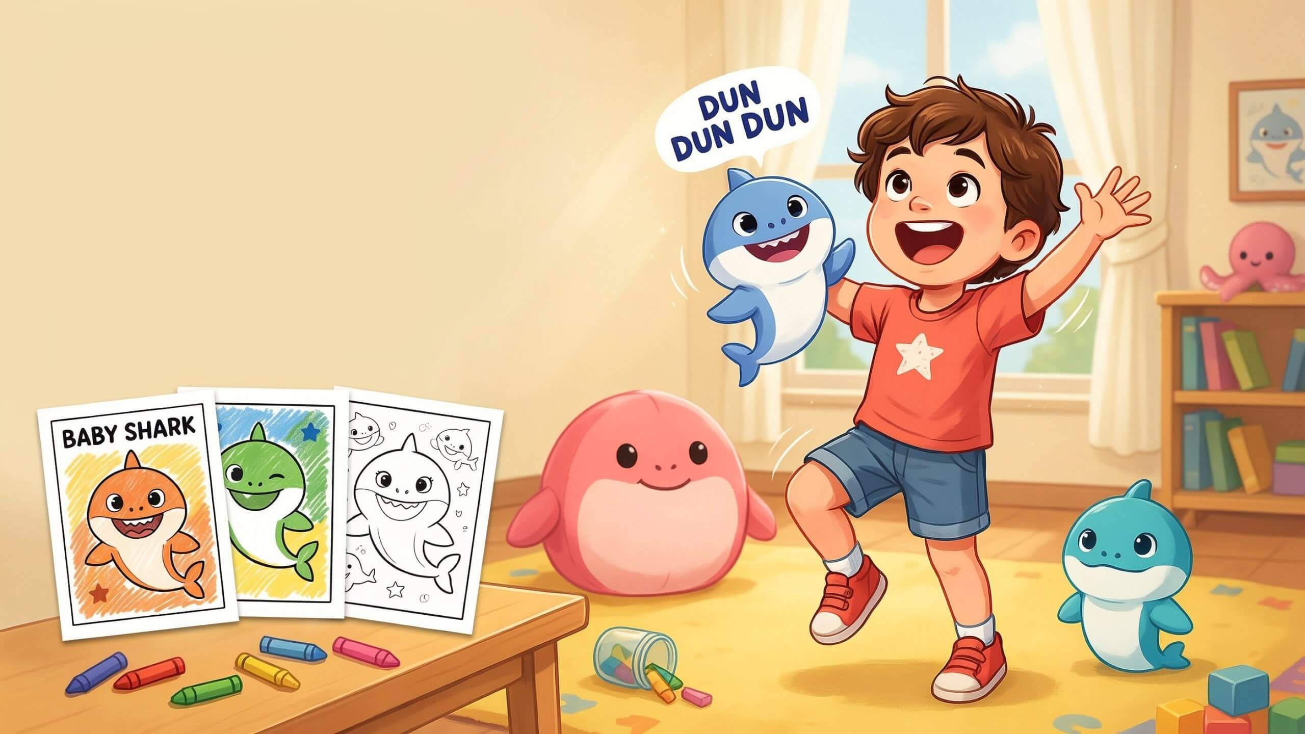 baby shark coloring pages for kids - happy child dancing with baby shark toys
