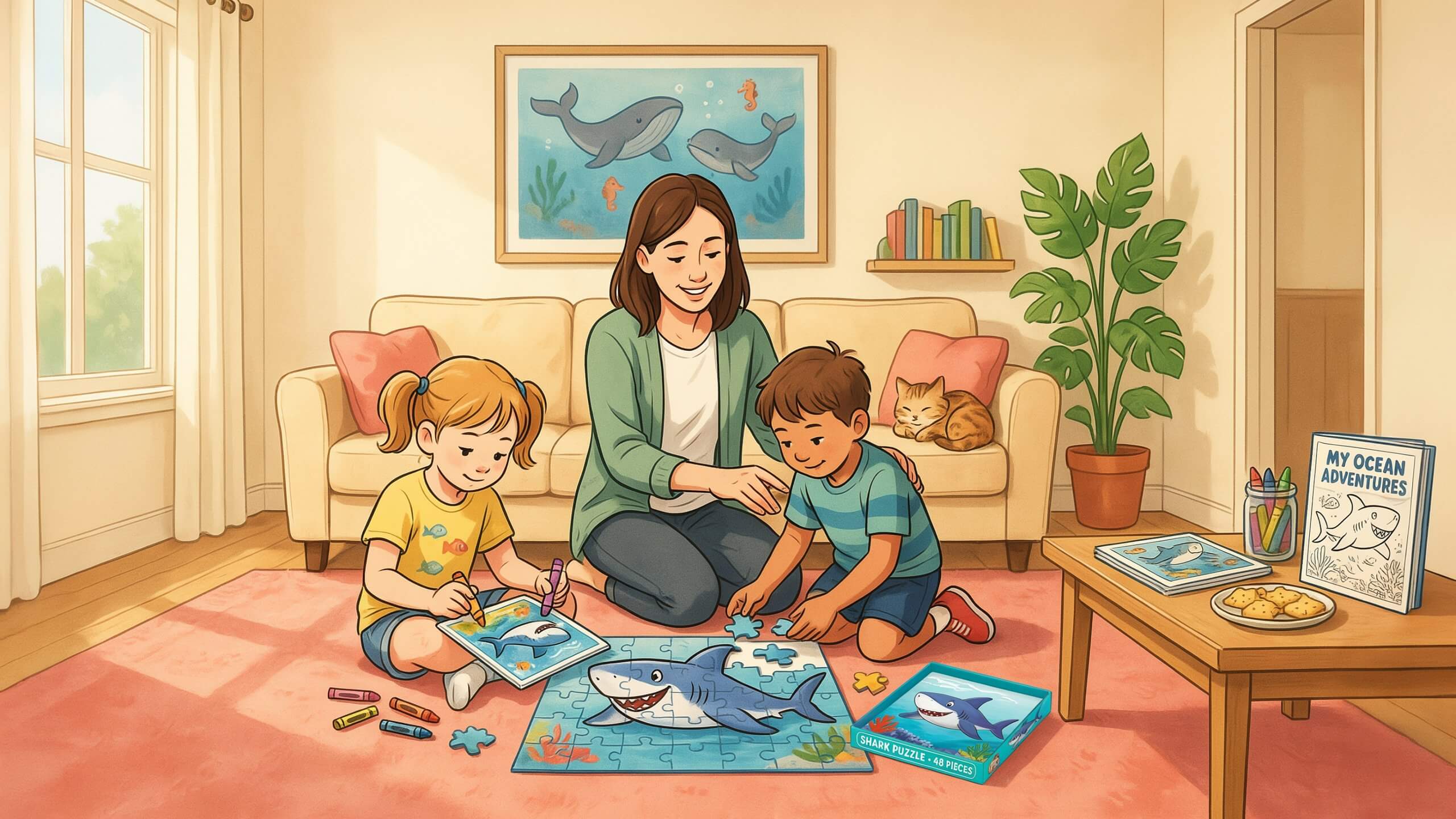 shark activities for kids at home - kids coloring shark pages with parent