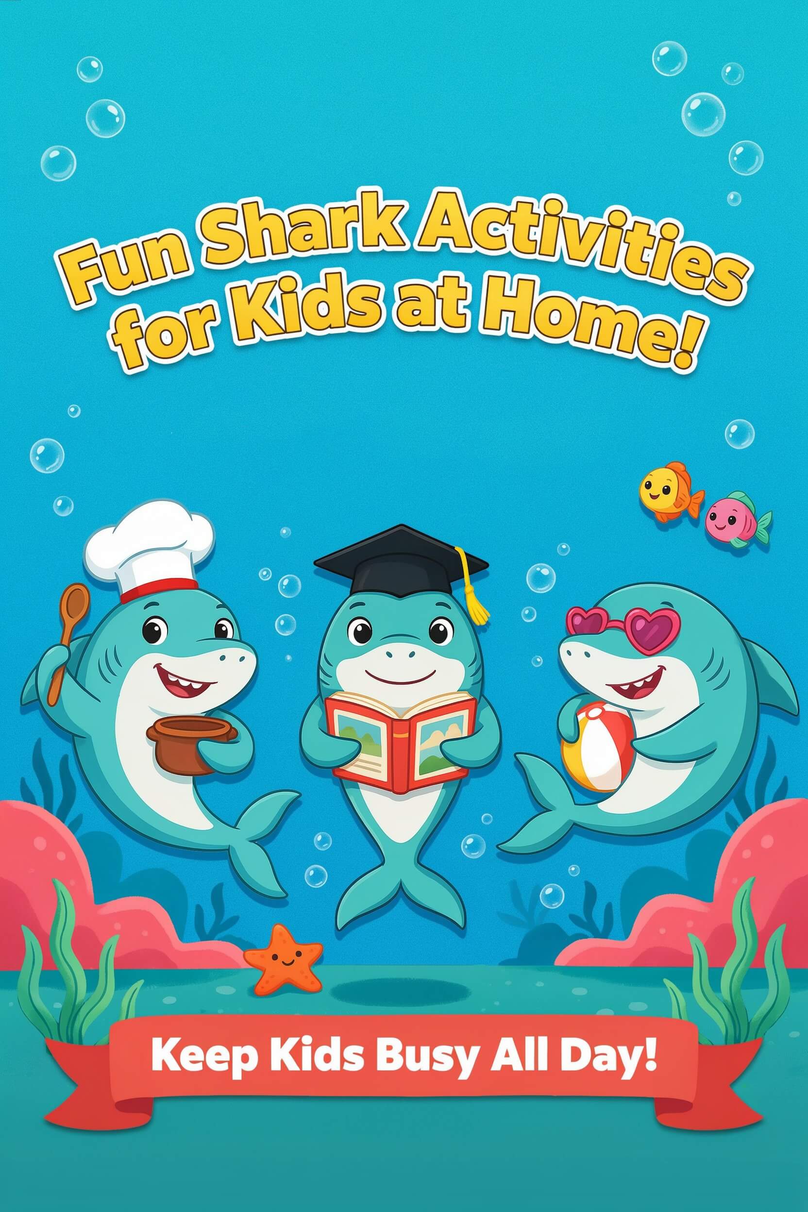 fun shark activities for kids at home - three cute sharks doing different activities