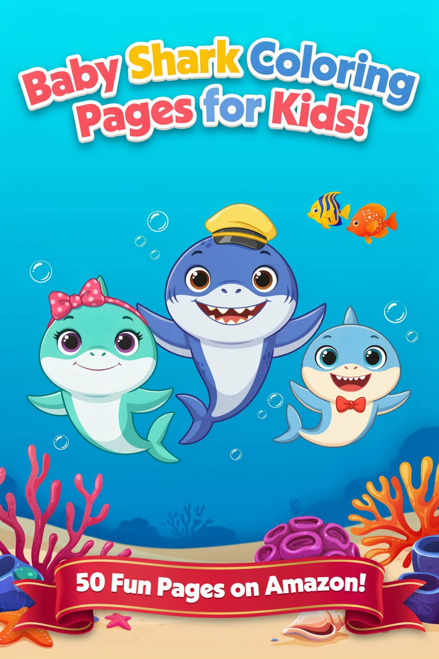 baby shark coloring pages for kids - mama shark papa shark and baby shark swimming together