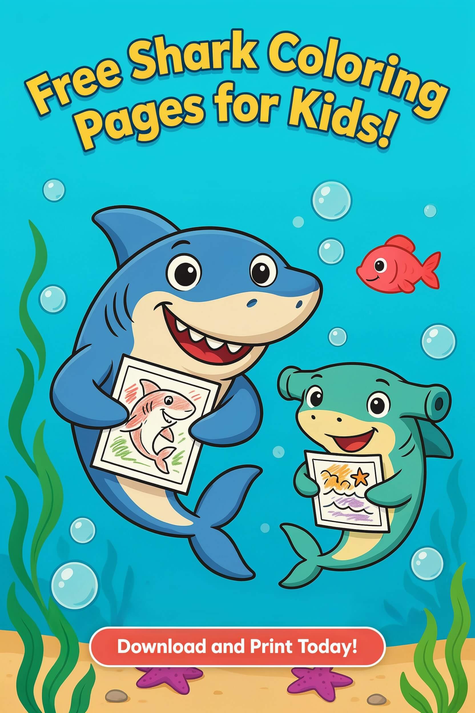 free shark coloring pages for kids - two cute sharks holding coloring pages
