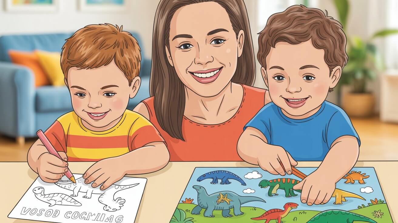kids doing fun dinosaur activities at home with parent