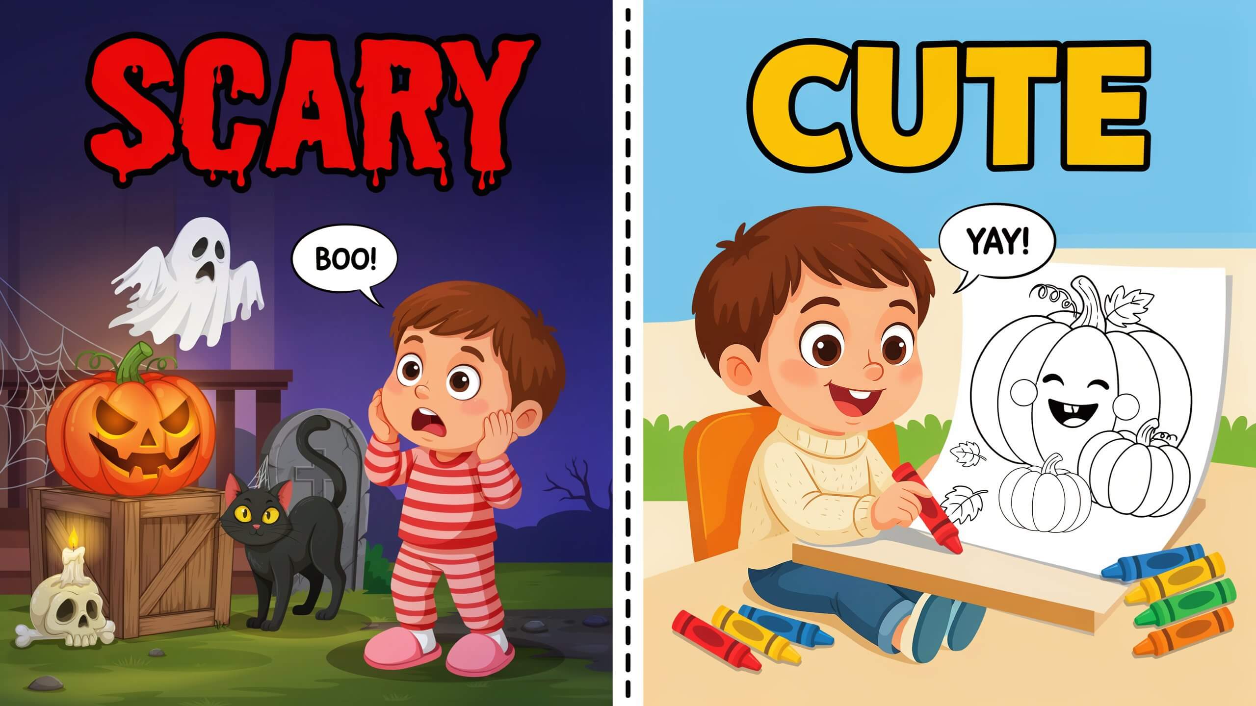 cute not scary halloween coloring pages for kids - comparison of scary versus cute halloween designs