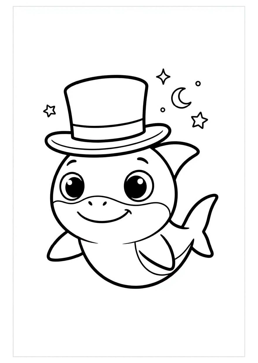 best shark coloring books for kids ages 4-8 - shark with top hat coloring page