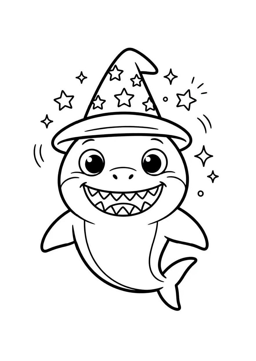 best shark coloring books for kids ages 4-8 - shark with wizard hat coloring page