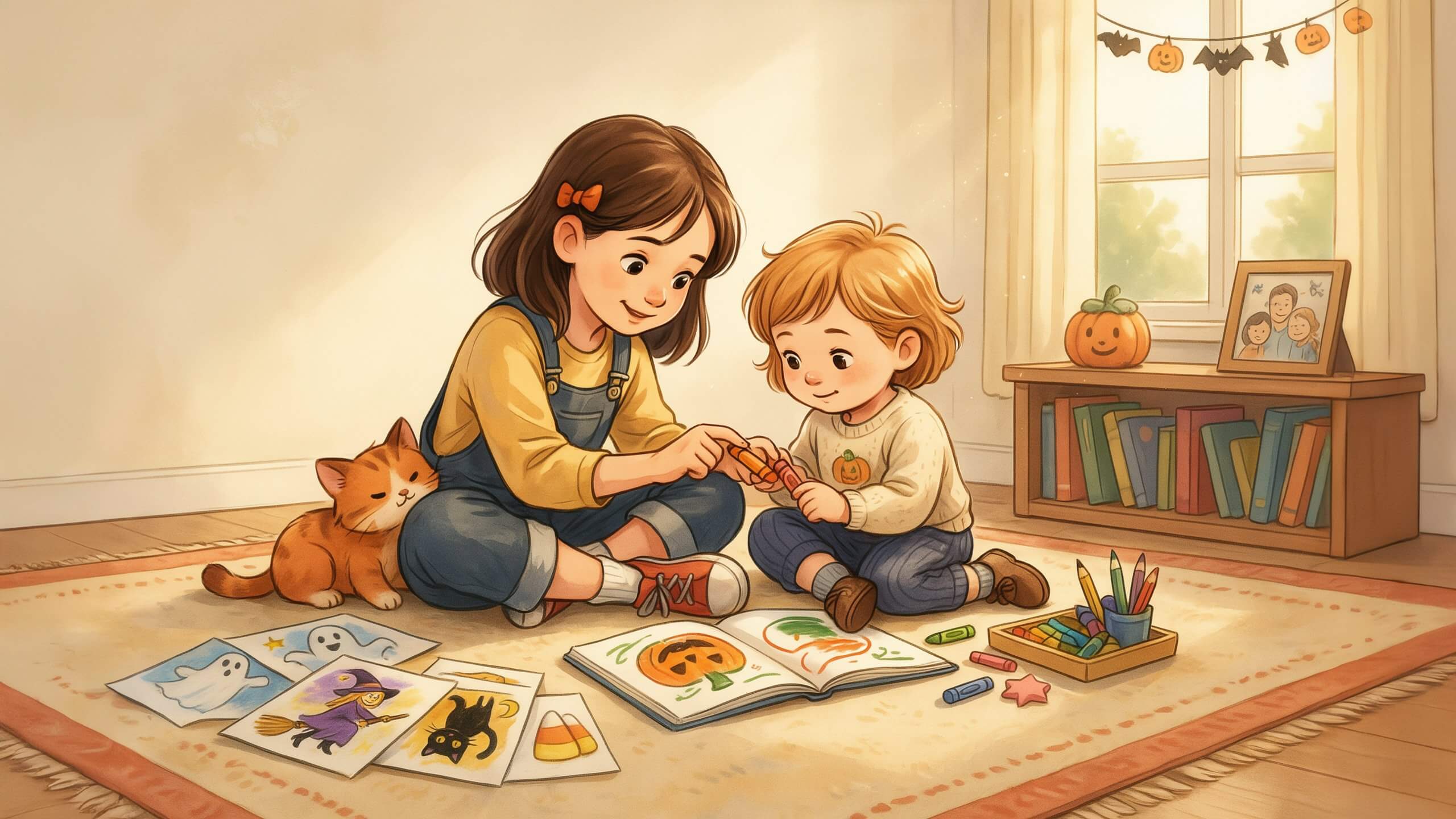 free halloween coloring pages for toddlers - siblings coloring together at home
