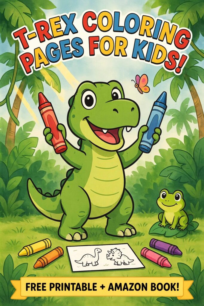 t-rex coloring pages for kids - cute T-Rex holding crayons printable