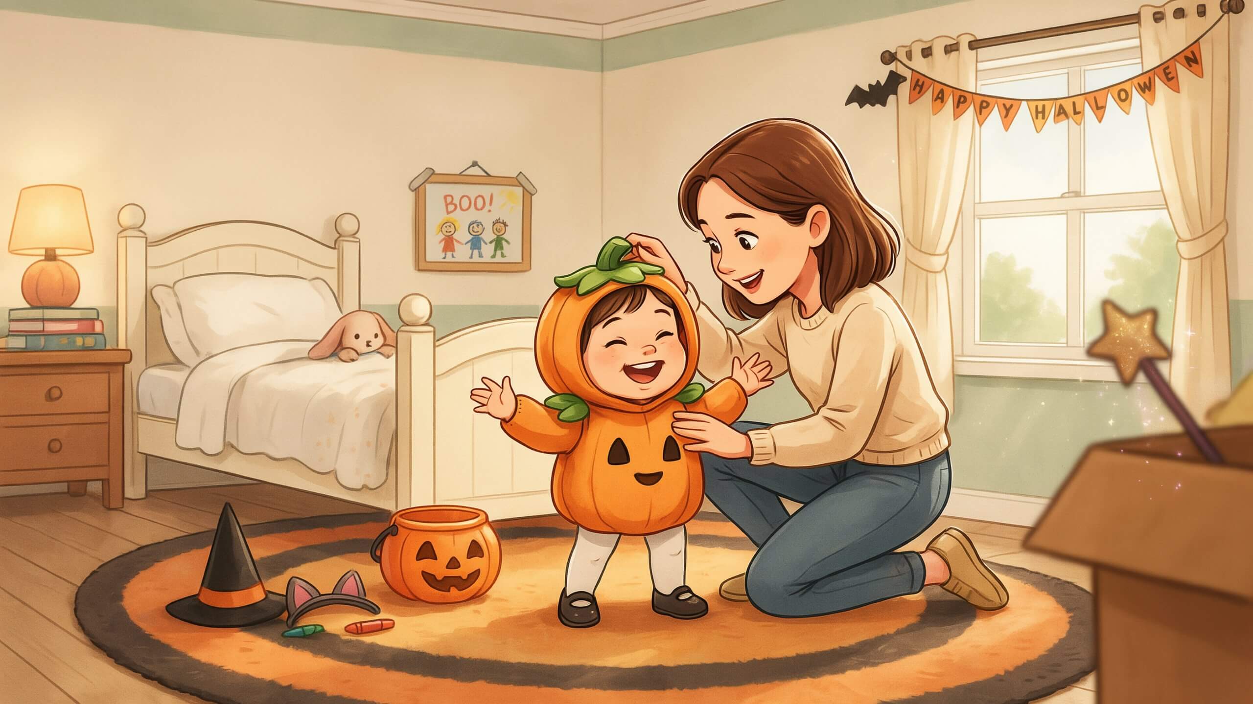 halloween activities for toddlers at home - toddler trying on costume with mom