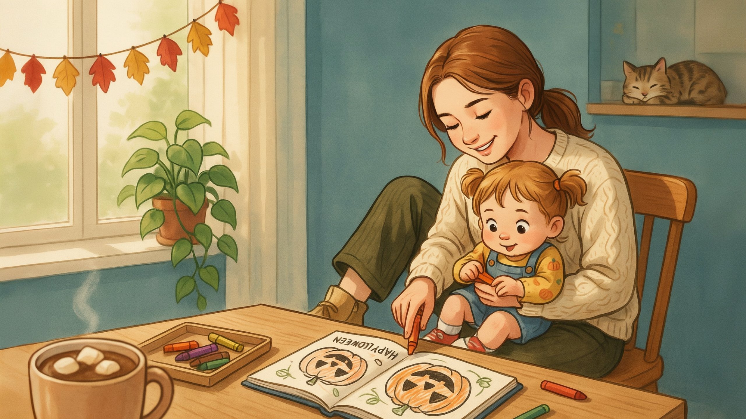 best halloween coloring books for toddlers - toddler girl coloring pumpkin with mom